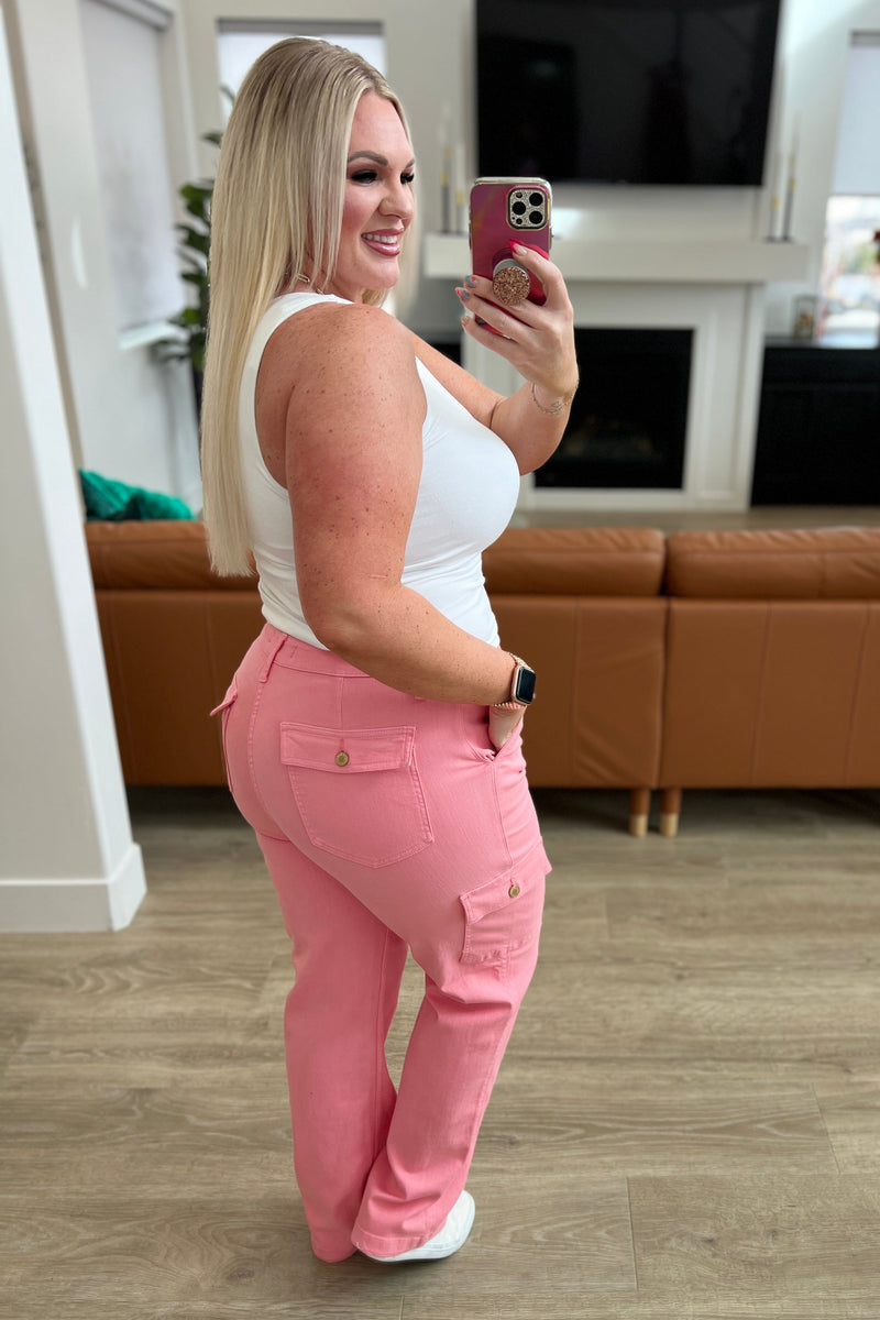 Peggy High Rise Cargo Straight Jeans in Pink - Kayes Boutique
