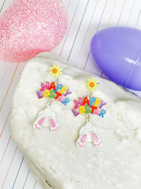 PREORDER: Happy Easter Bunny Tail Dangle Earrings - Kayes Boutique