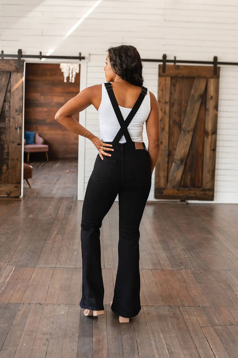 Imogene Control Top Retro Flare Overalls in Black - Kayes Boutique