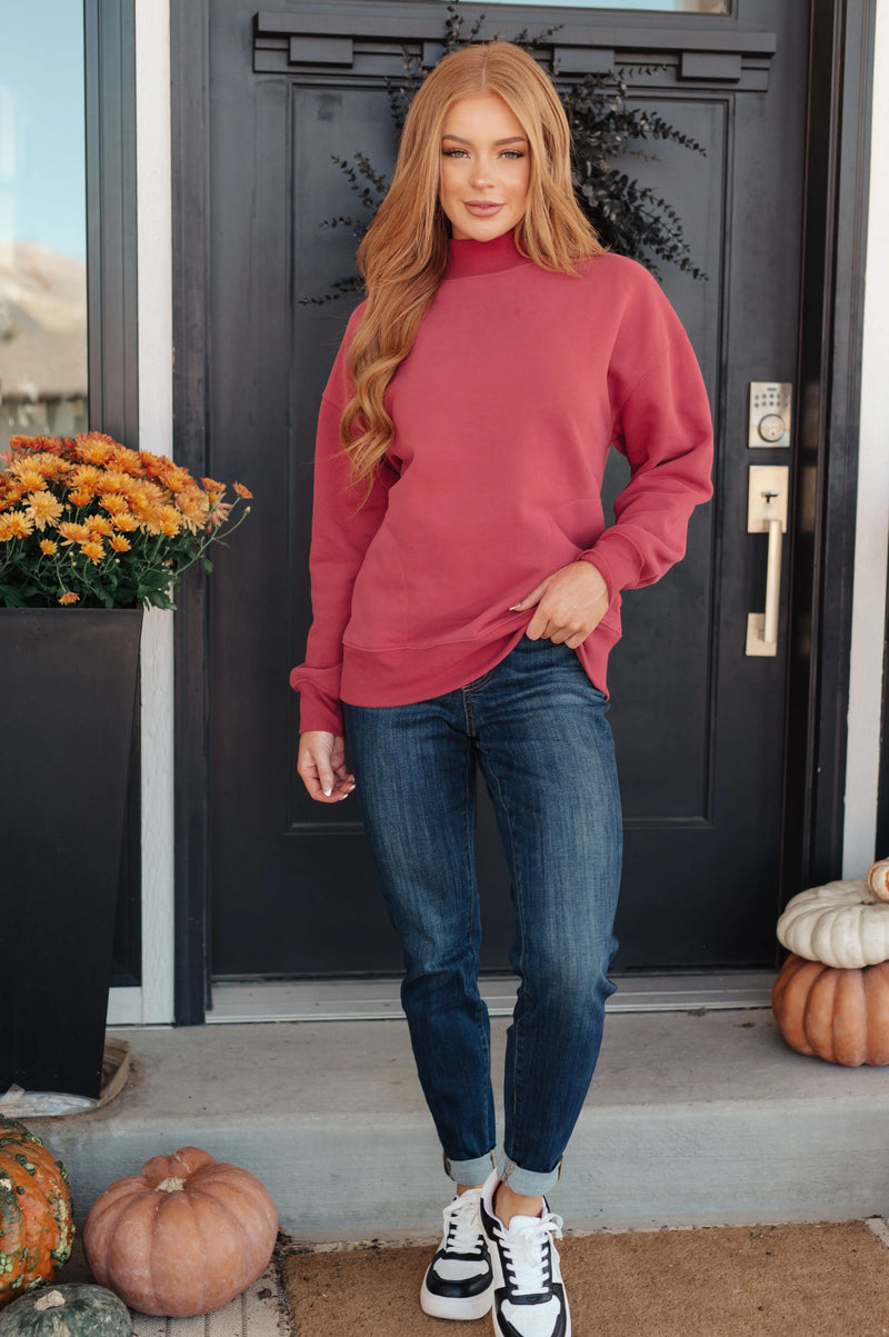 Make No Mistake Mock Neck Pullover in Cranberry - Kayes Boutique