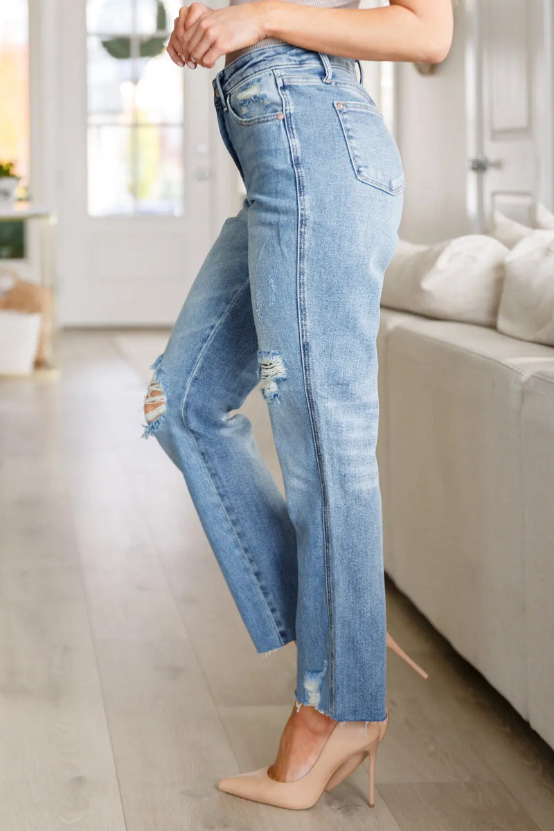 Nora High Rise Rigid Magic Destroy Slim Straight Jeans - Kayes Boutique