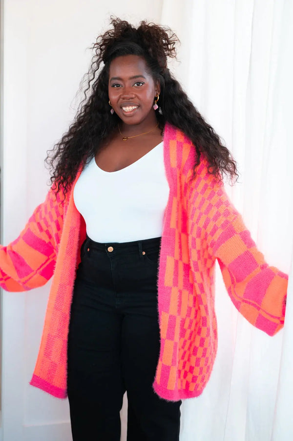 Kaye's boutique Noticed in Neon Checkered Cardigan in Pink and Orange