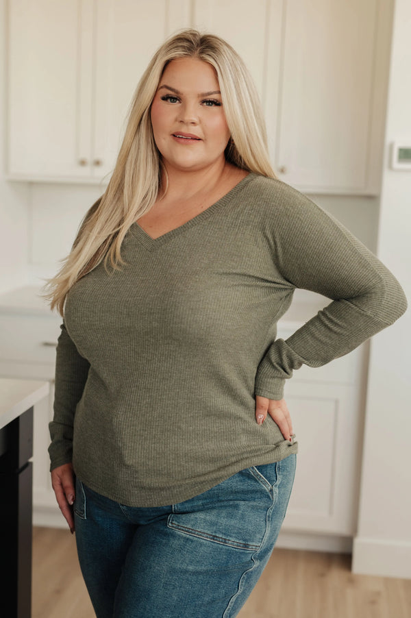 On a Roll Ribbed Knit V Neck Long Sleeve Top - Kayes Boutique