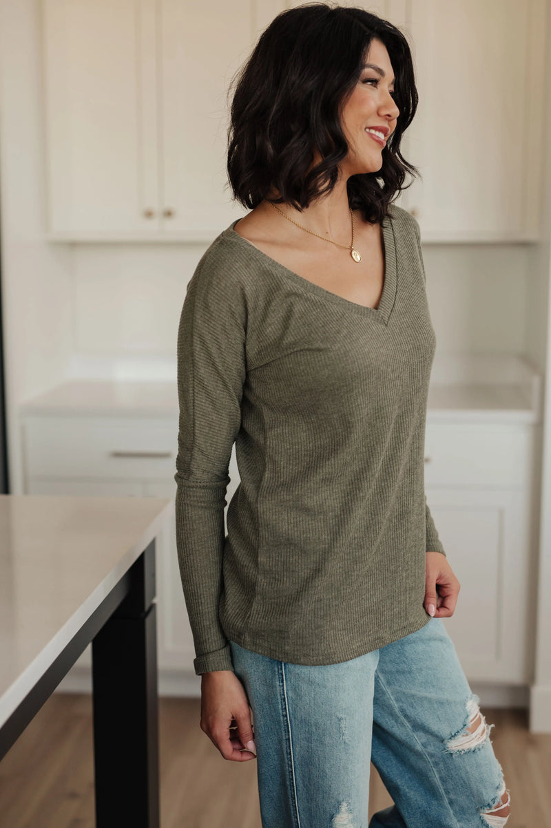 Kaye's boutique On a Roll Ribbed Knit V Neck Long Sleeve Top