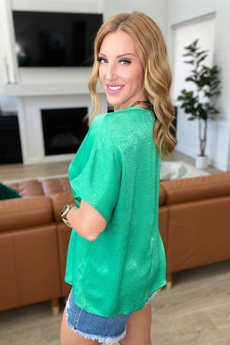 Pleat Front V-Neck Top in Kelly Green - Kayes Boutique