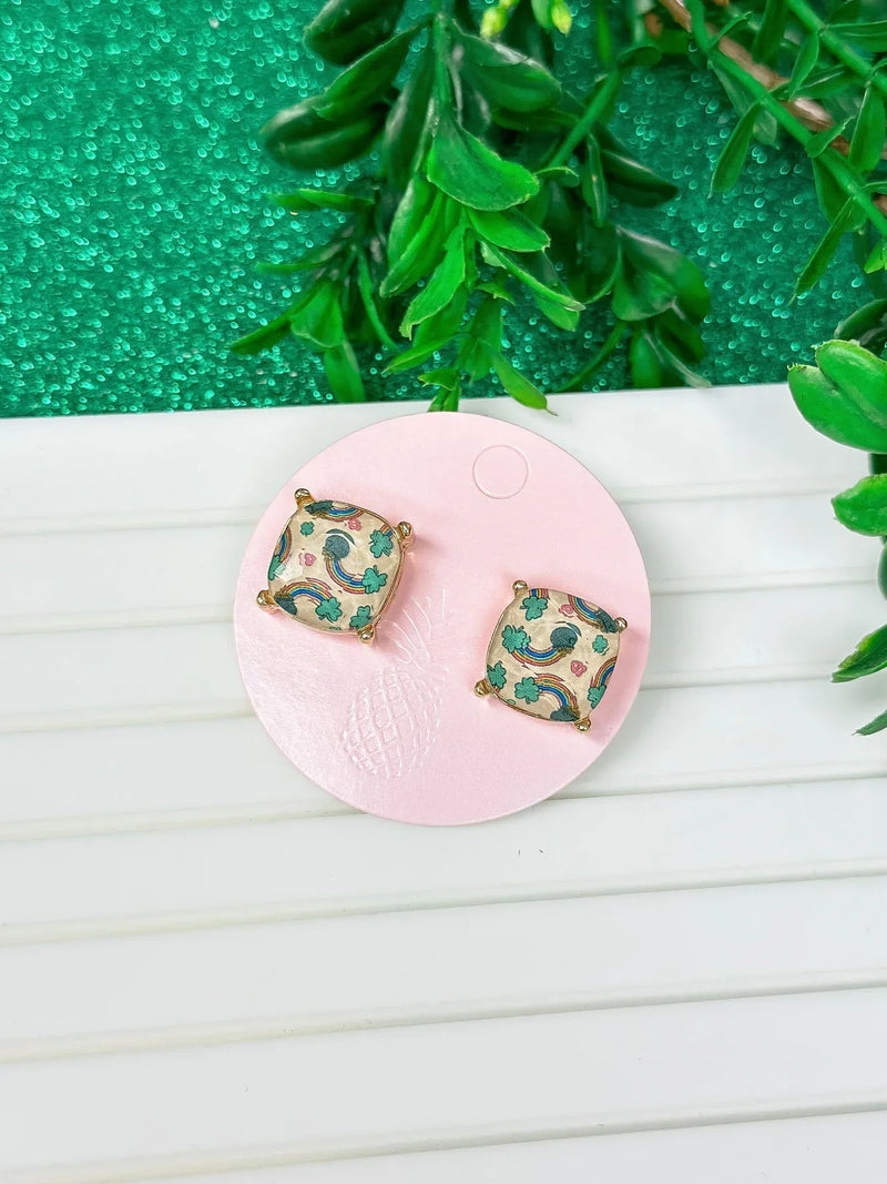 PREORDER: Rainbows & Gold Printed Glass Stud Earrings - Kayes Boutique