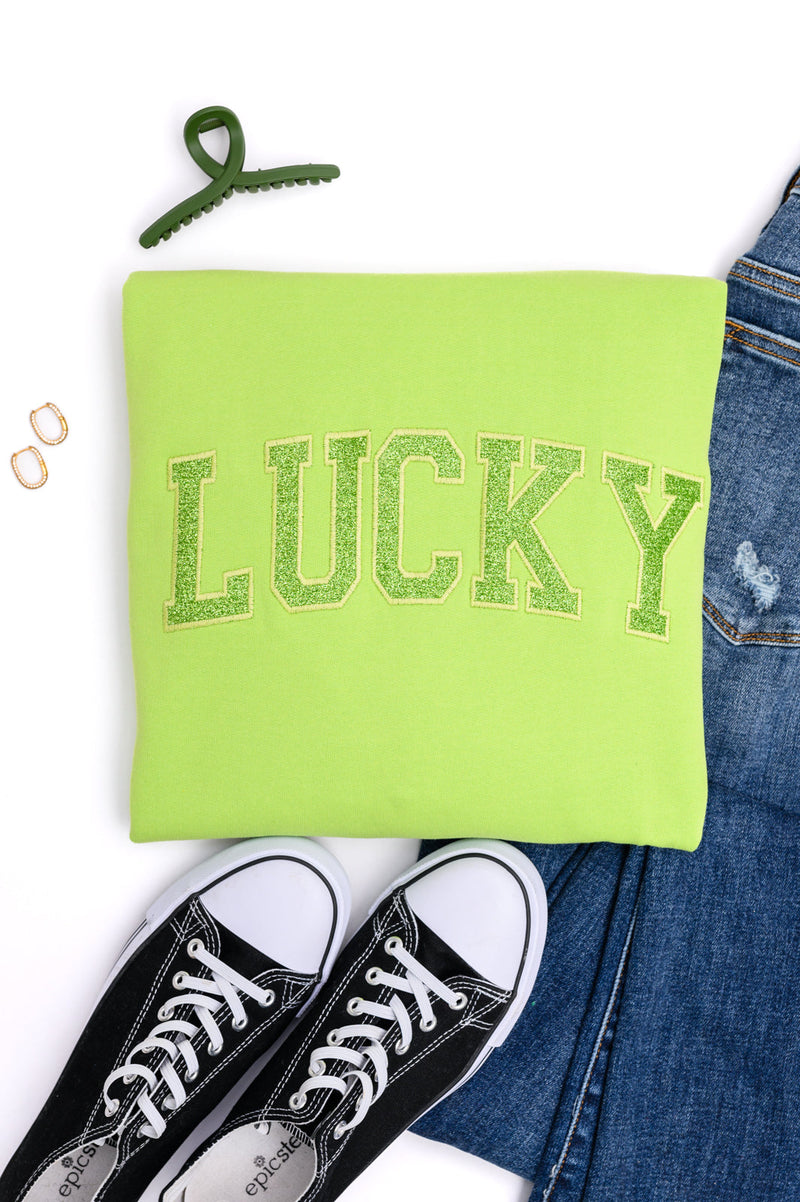 PREORDER: Embroidered Lucky Glitter Sweatshirt in Two Colors - Kayes Boutique