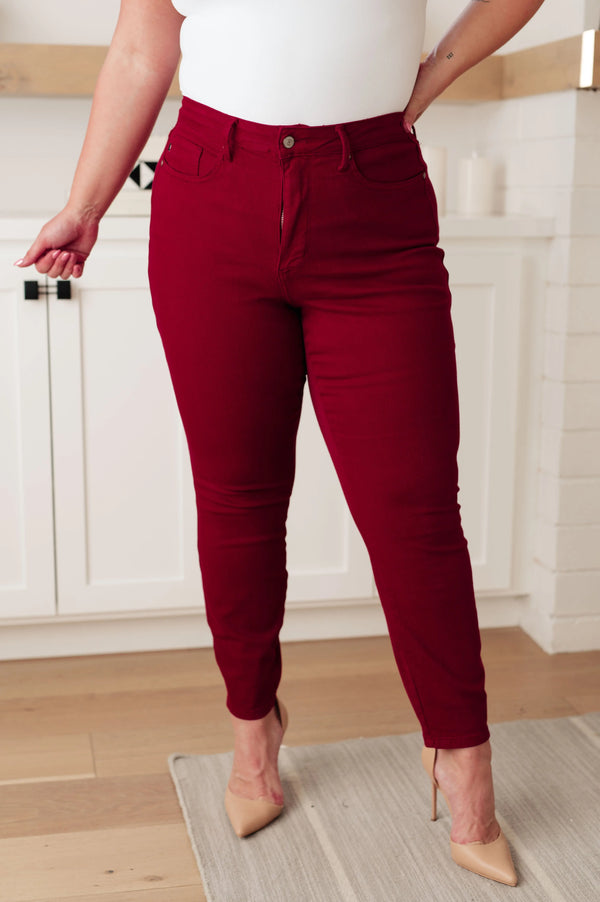 Kaye's boutique Wanda High Rise Control Top Skinny Jeans Scarlet