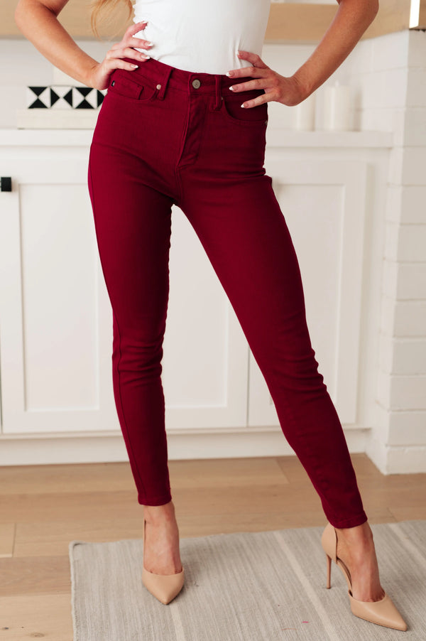 Kaye's boutique Wanda High Rise Control Top Skinny Jeans Scarlet